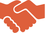 Oranje icoon van twee handen die elkaar schudden om de duurzame relatie te symboliseren. 